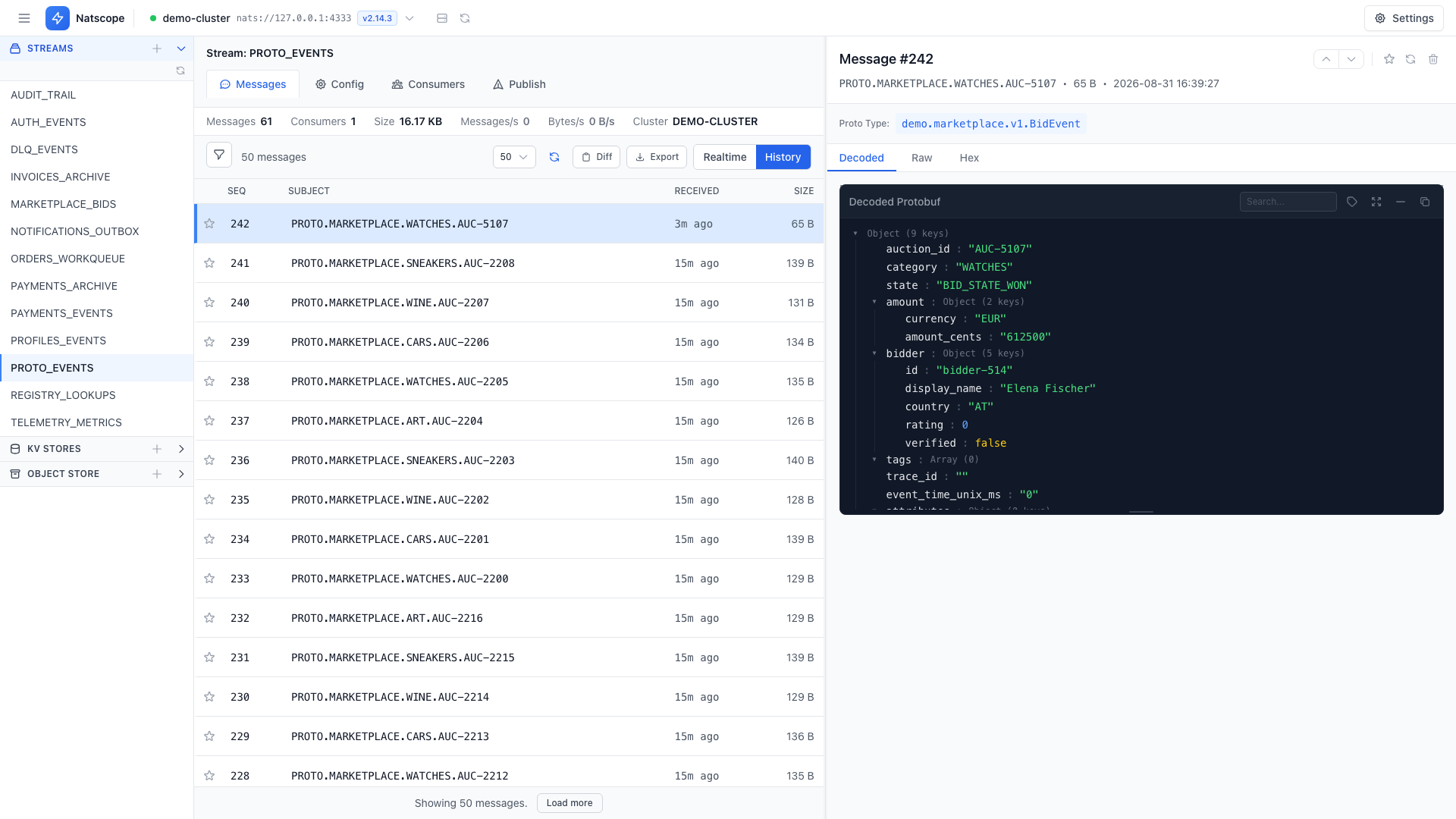 Message viewer showing a Protobuf payload decoded to JSON