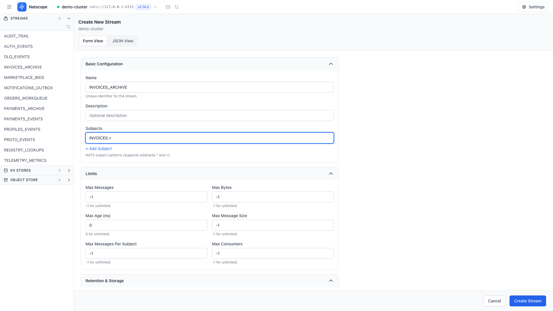 Create stream form